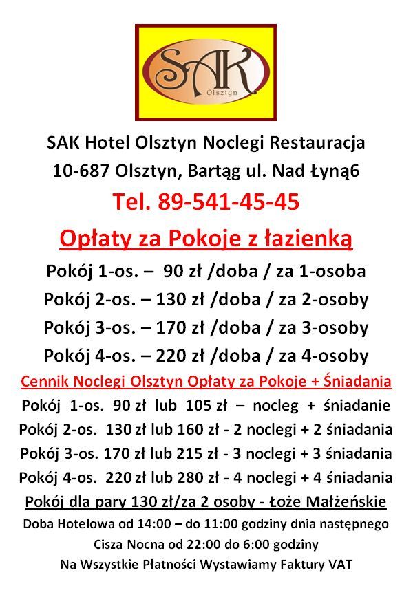Cennik Pokoi Opłaty za Noclegi SAK Hotel Olsztyn